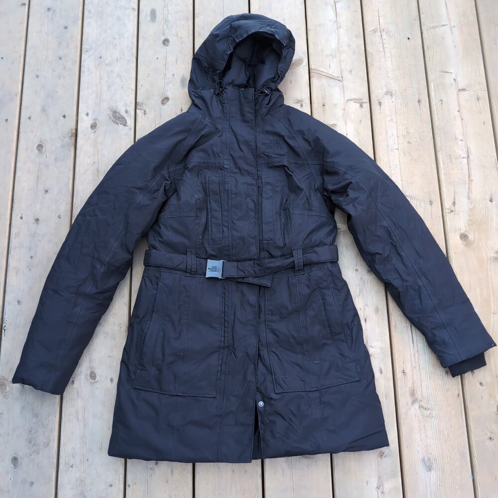 The North Face Parka Jacket Women's S Black Logo Embroidered Belted Goose Down